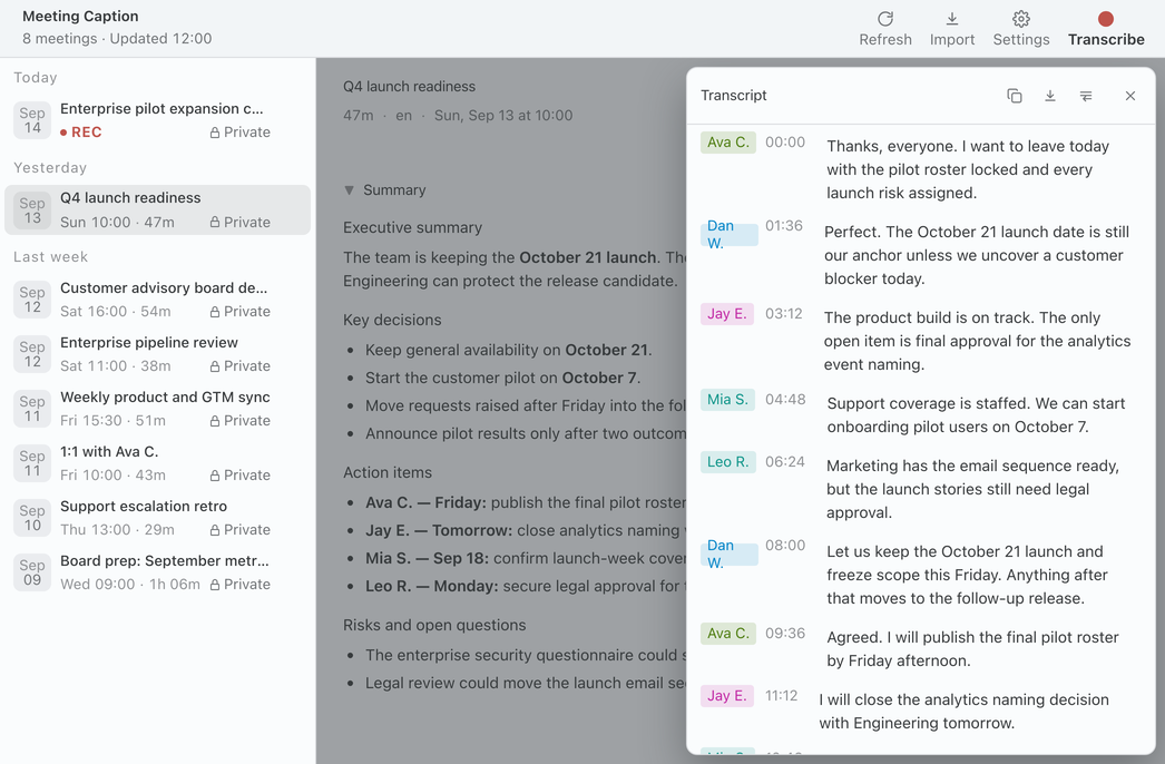 Meeting Caption showing a meeting transcript with speakers and timestamps.