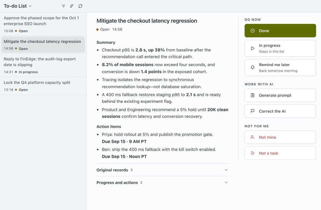 Tasks showing a work queue, a task summary, action items and progress controls.